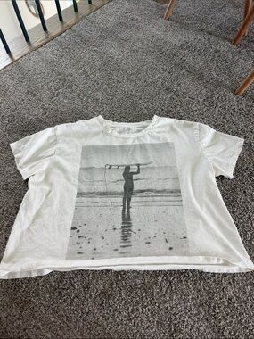 H&M White Graphic Crop Top with Black Surf Photo